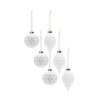 6 White Finish Snowflake Porcelain Christmas Ball Ornament 4-5.5"