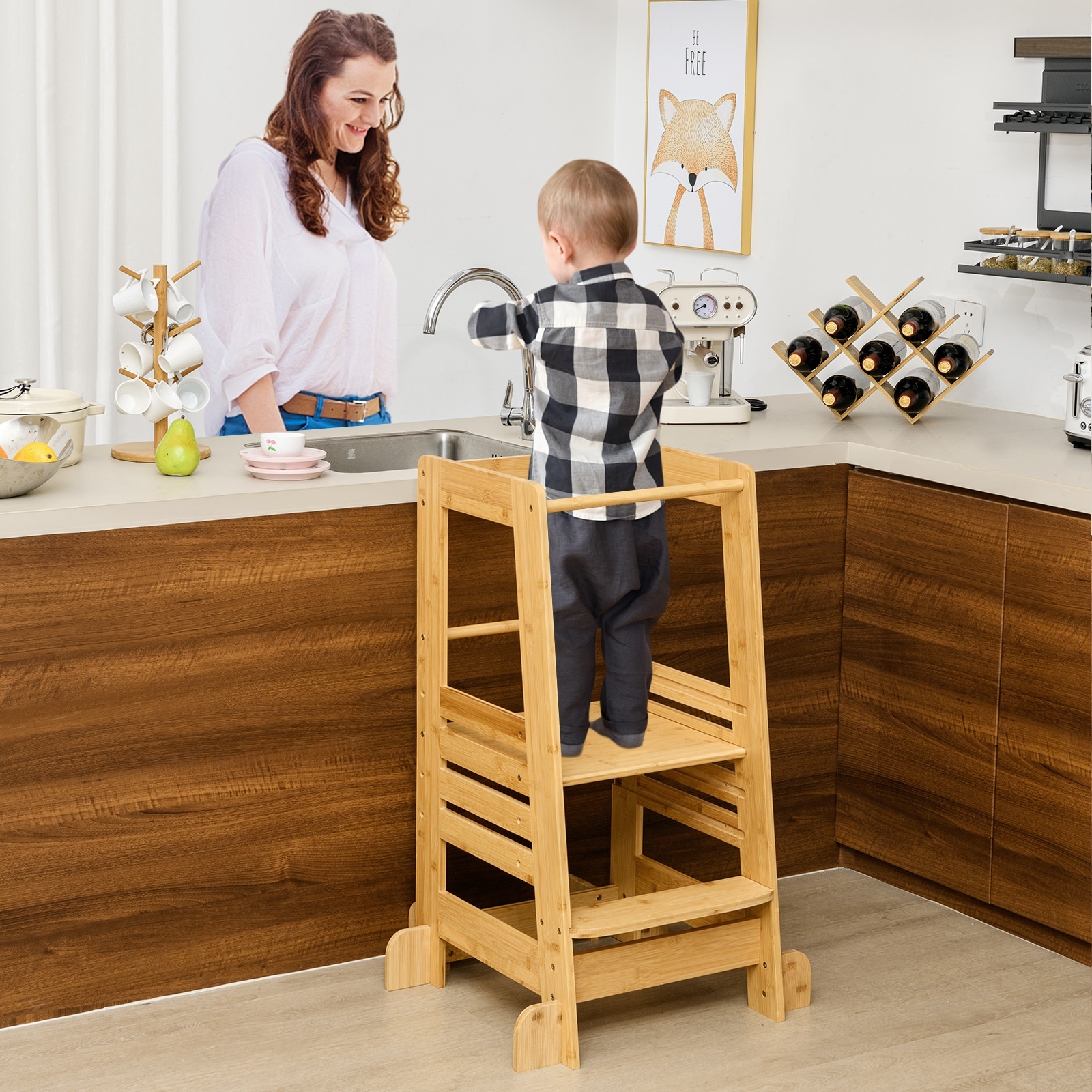 Gymax Kids Kitchen Step Stool Kids Standing Tower w/ Safety Rails
