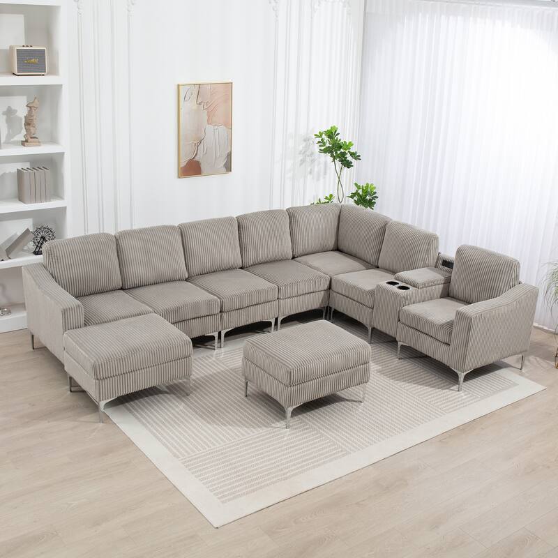 Modular Corduroy Sectional Sofa Convertible 6-Seat Couch with USB Ports, Storage Ottomans and Cup Holder for Living Room