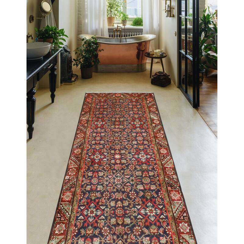 Fine Vintage Distressed Meriem Navy/Burgundy Runner - 3'3" x 9'11"