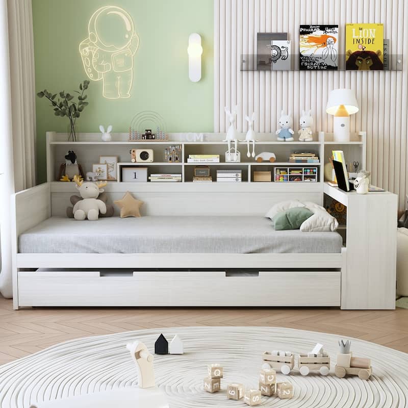 Wooden Daybed with Storage Shelves - Antique White - Twin
