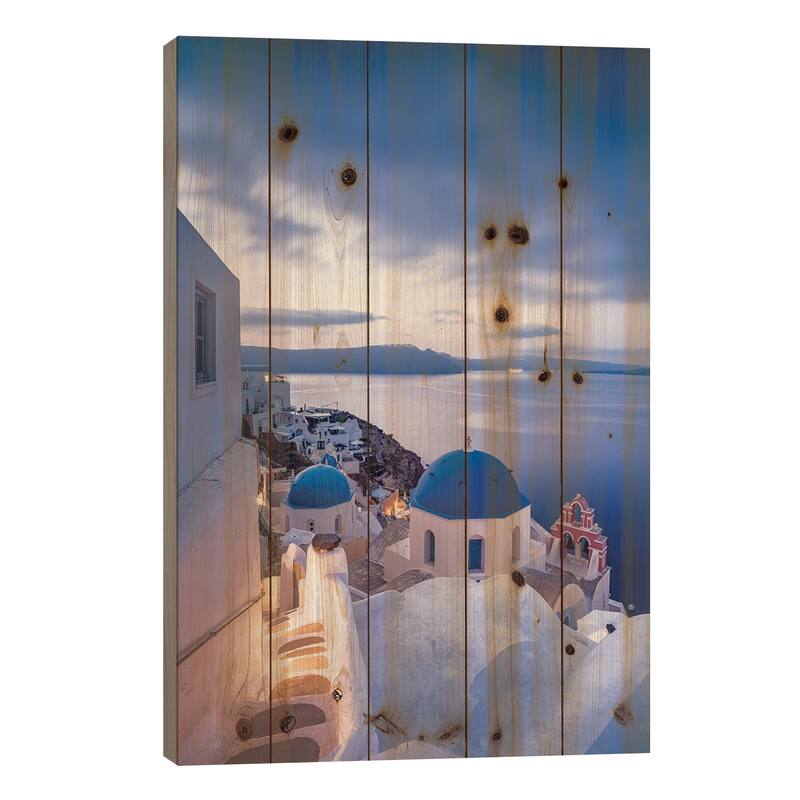 Town Of Oia At Dusk, Santorini, Greece Print On Wood by Jan Becke - Multi-Color - 26x18x1.5