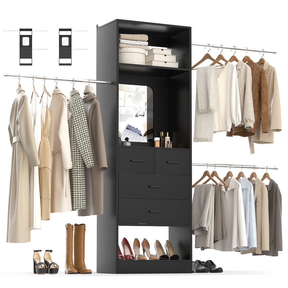 8FT Walk in Closet Organizer System with 3 Extendable Hanging Rods ＆ 4 Drawers ＆ Mirror