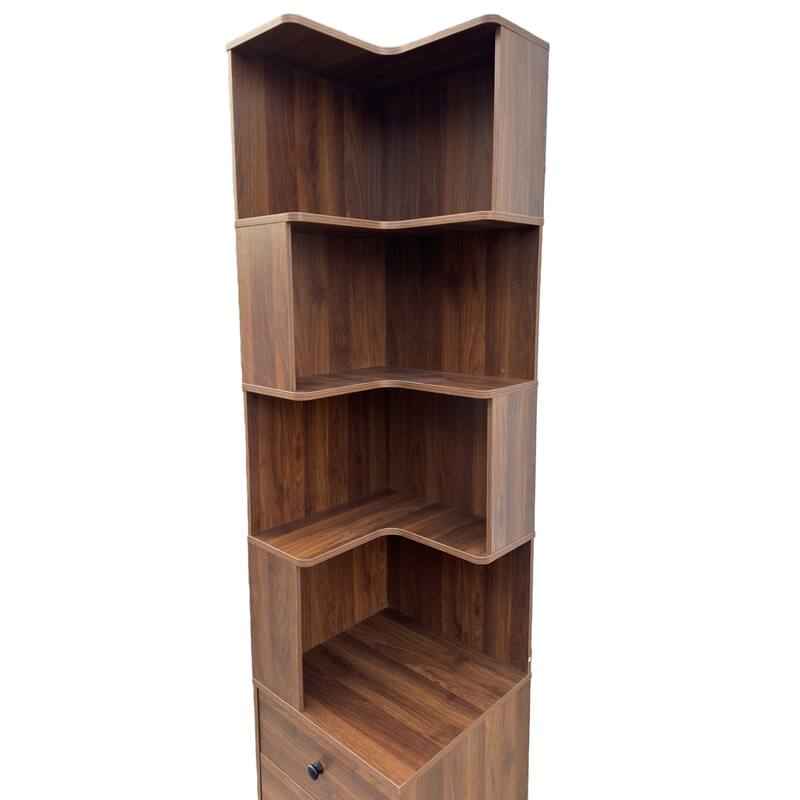 L-Shaped Corner Bookshelf with Drawers and LED Lights, 4-Tier Freestanding Display Stand for Home Office