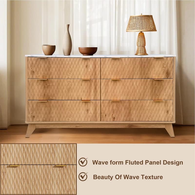 6 Drawer Wood Dresser with Faux Marble Top, 54" Wide Farmhouse Chest, Drip Pattern Design,