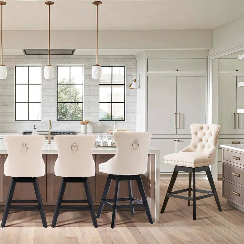 Tufted Swivel Velvet Rubberwood Nailhead Barstools (Set of 4) - Beige Velvet