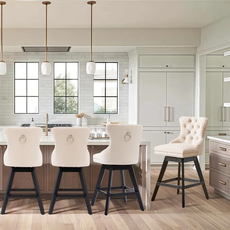 Velvet Wing-Back Tufted Nailhead Upholstered Bar Stools (Set of 4) - Beige Velvet