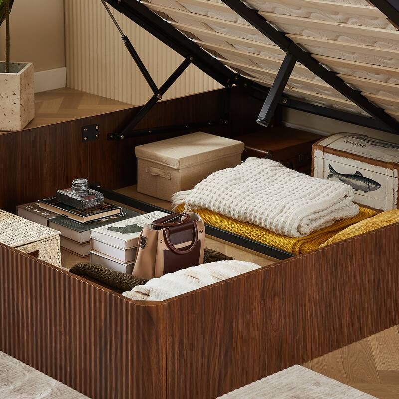 Queen Size Hydraulic Lift Storage Bed Frame, Wooden Corrugated Design, No Box Spring Needed, Walnut Finish