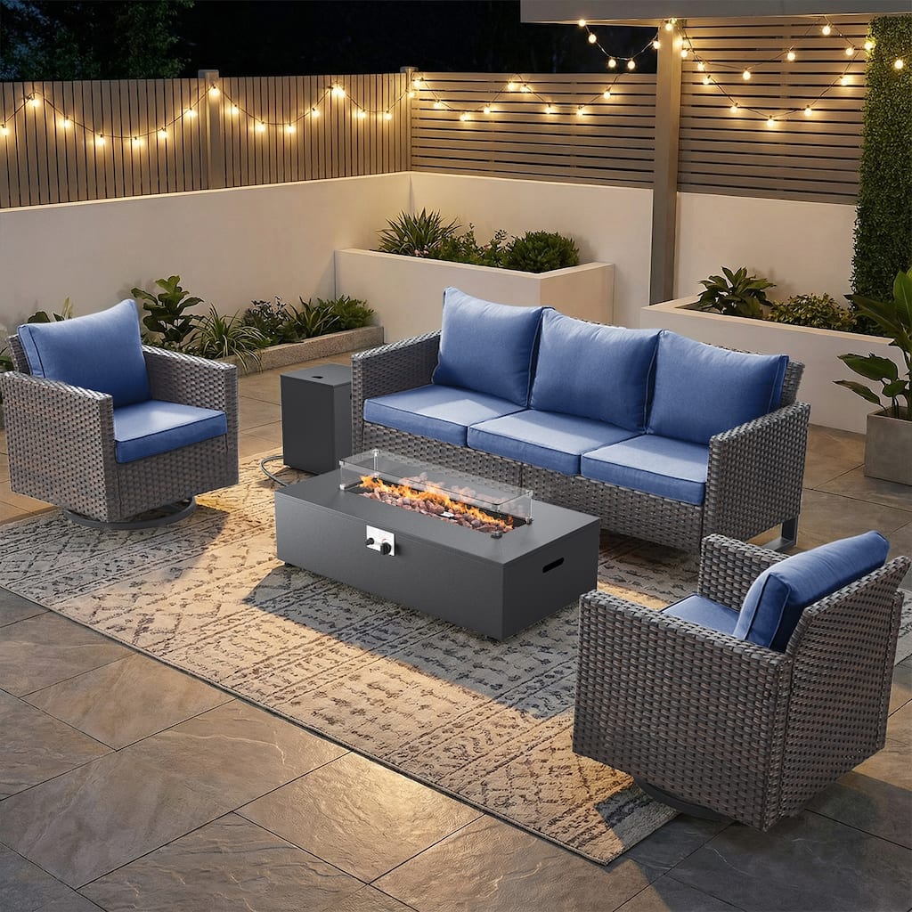 Pocassy 5 Piece Ptio Sofa Swivel Chair with Fire Pit Table