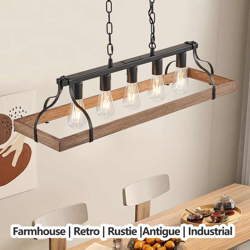 34" Linear Industrial Pendant Light – 5-Bulb Adjustable Farmhouse Chandelier for Kitchen Islands (Bulbs Not Included)‌