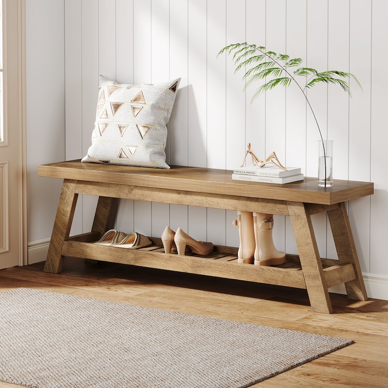 55" Entryway Bench with Shoe Storage, Large 2-Tier Foyer Bench - Oak