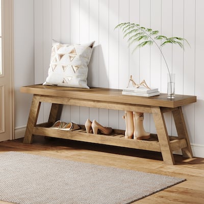 55" Entryway Bench with Shoe Storage, Large 2-Tier Foyer Bench