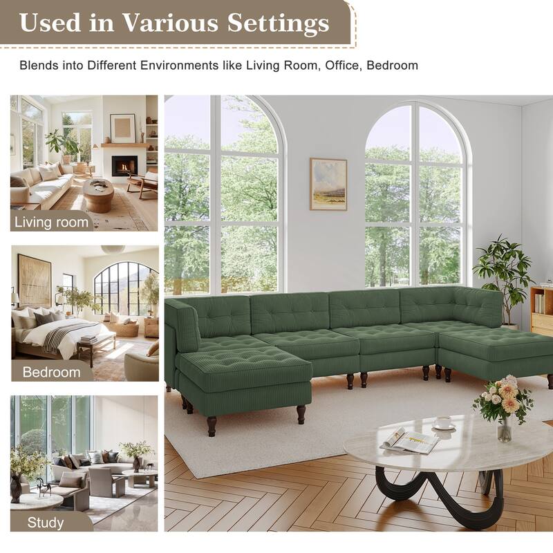 130"W Corduroy Upholstered Modular Sectional Sofa with Storage Ottoman