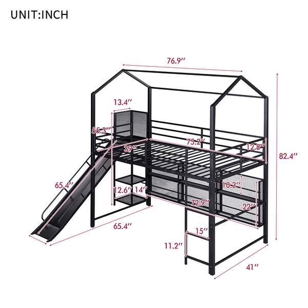 Metal Twin Size House Loft Bed Frame with Storage Iron Mesh Shelves, Slide, Ladder and Guardrails for Kids, Teens - Black