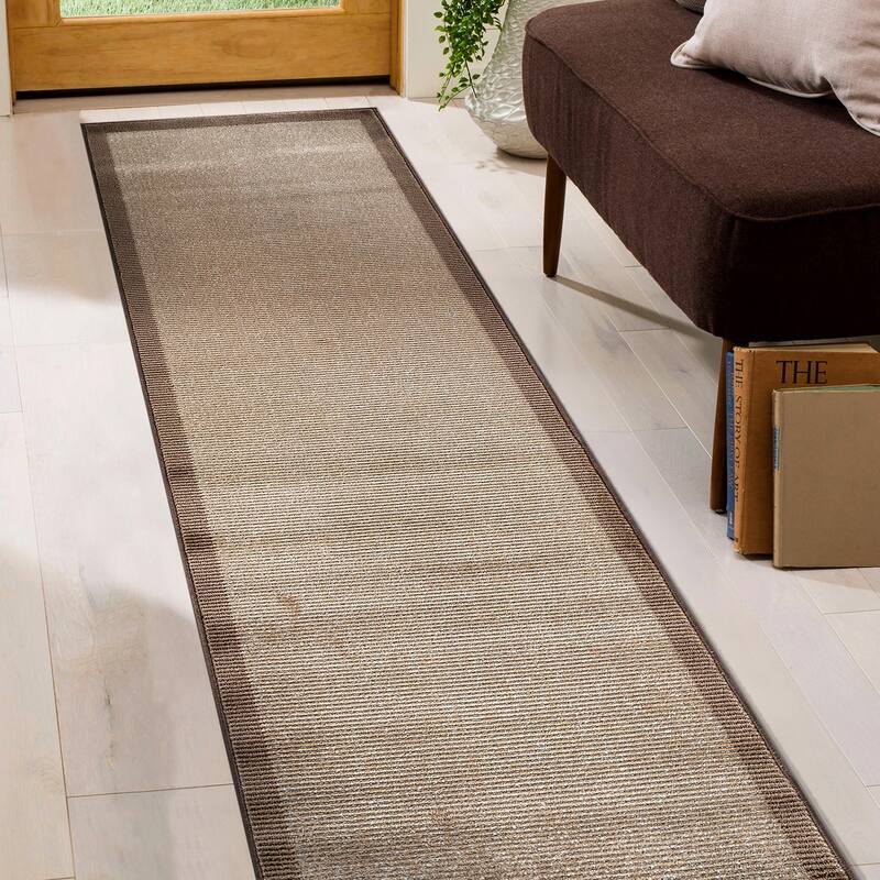Modern Geometric Stripe Bordered Area Rug for Living Room, Bedroom, or Entryway - Low Pile Indoor Rug - Beige - 2' 3" x 8'