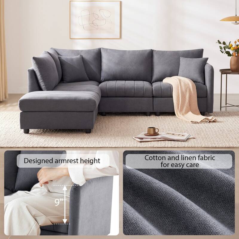 Fabric Tuxedo Arm Mid-Century Modern Sectional Sofa with 2 Pillows - 89" x 79"