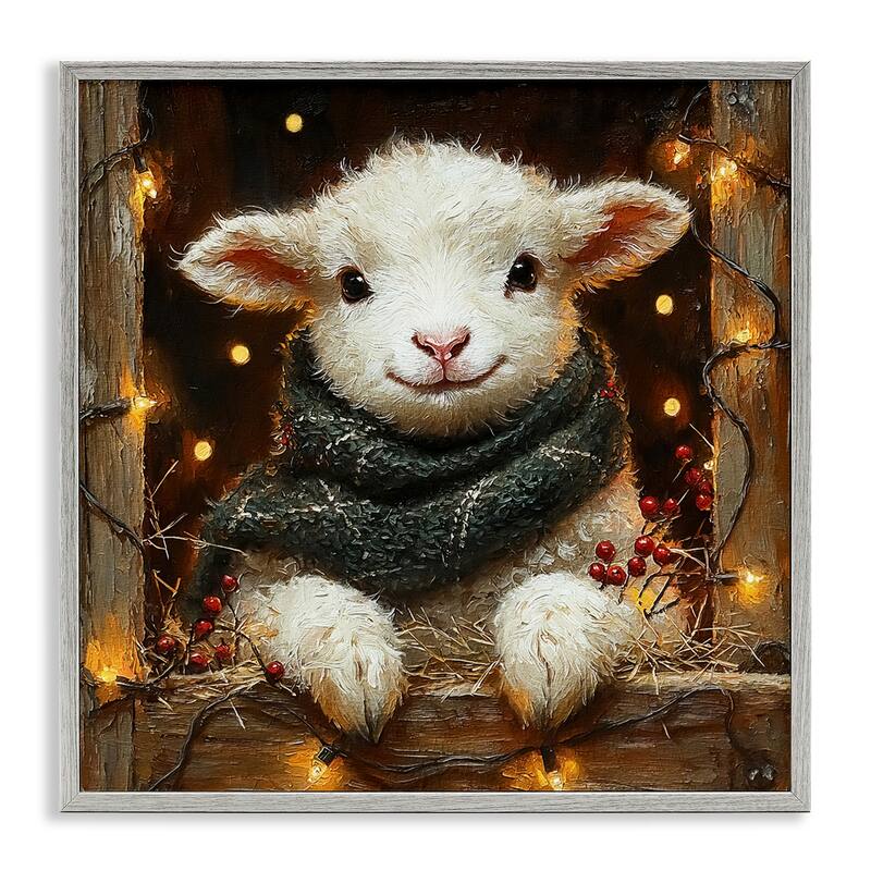 Stupell Festive Lamb with Holiday Lights Framed Giclee Art Design By Riley B - 12 x 12 - Grey