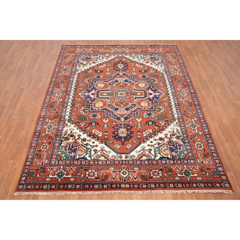 Hand Knotted Oriental 100% Wool Carpet Traditional Medallion Oranges & Rust Heriz (serapi) Area Rug - 9' 10'' X 7' 11''