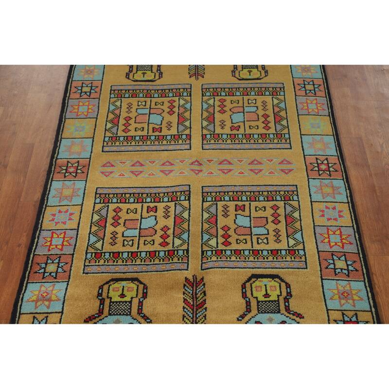 Hand Knotted Oriental 100% Wool Carpet Traditional Tribal Yellow & Gold Heriz (serapi) Runner Rug - 9' 10'' X 3' 10''