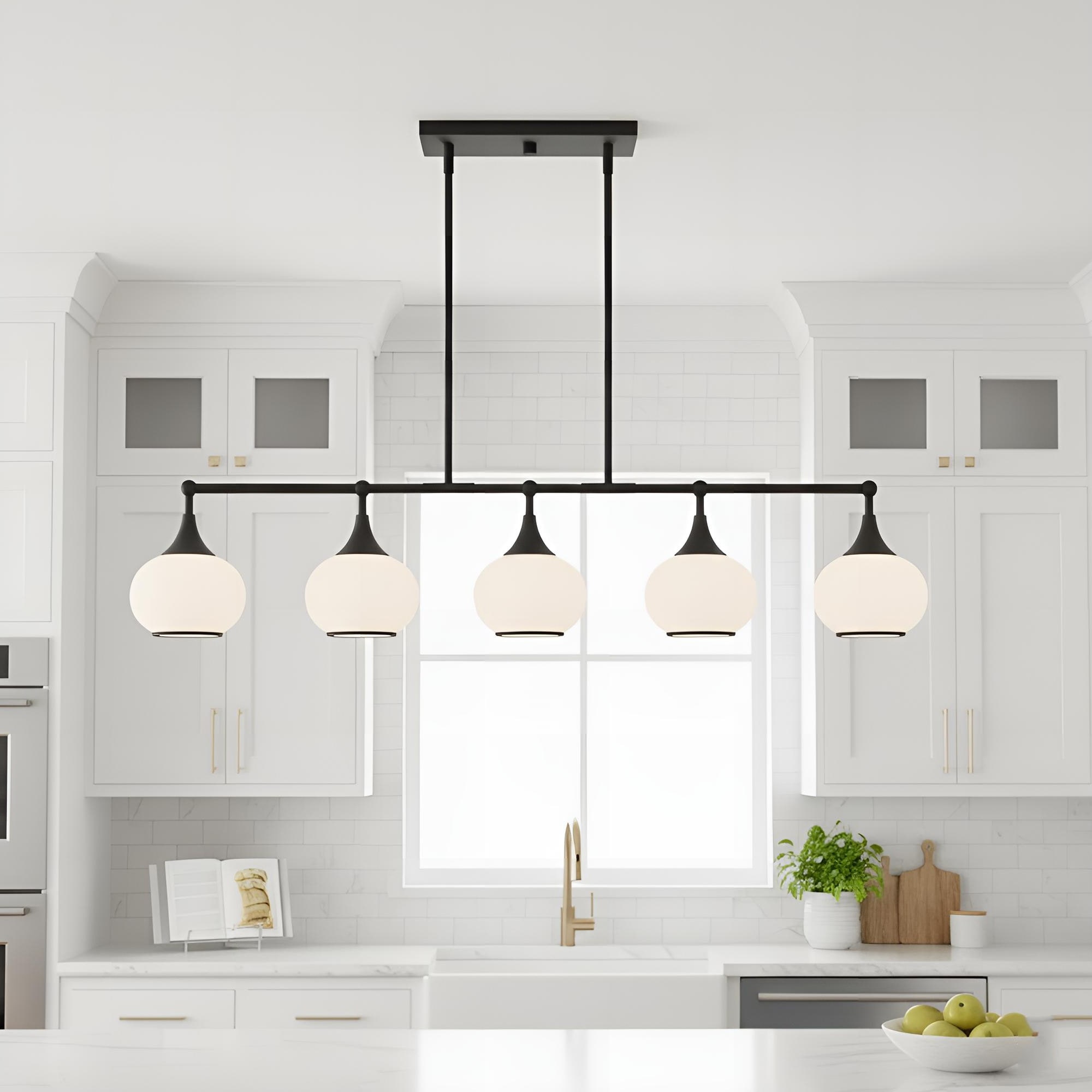 Acroma 5-light Modern Linear Chandelier with Opal Glass Globe Shade Kitchen Island Light