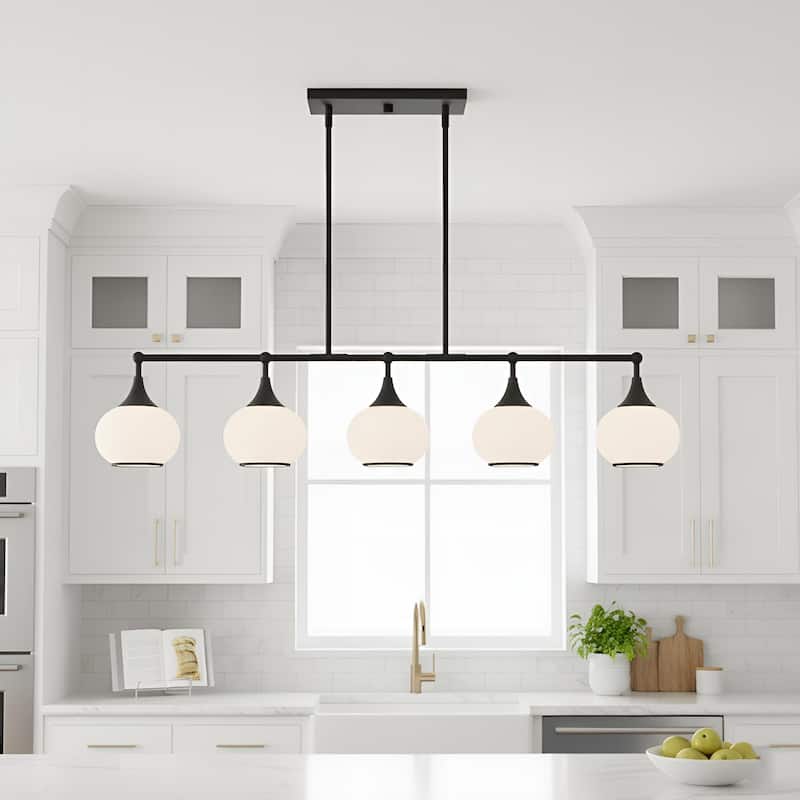 Acroma 5-light Modern Linear Chandelier with Opal Glass Globe Shade Kitchen Island Light - Matte Black