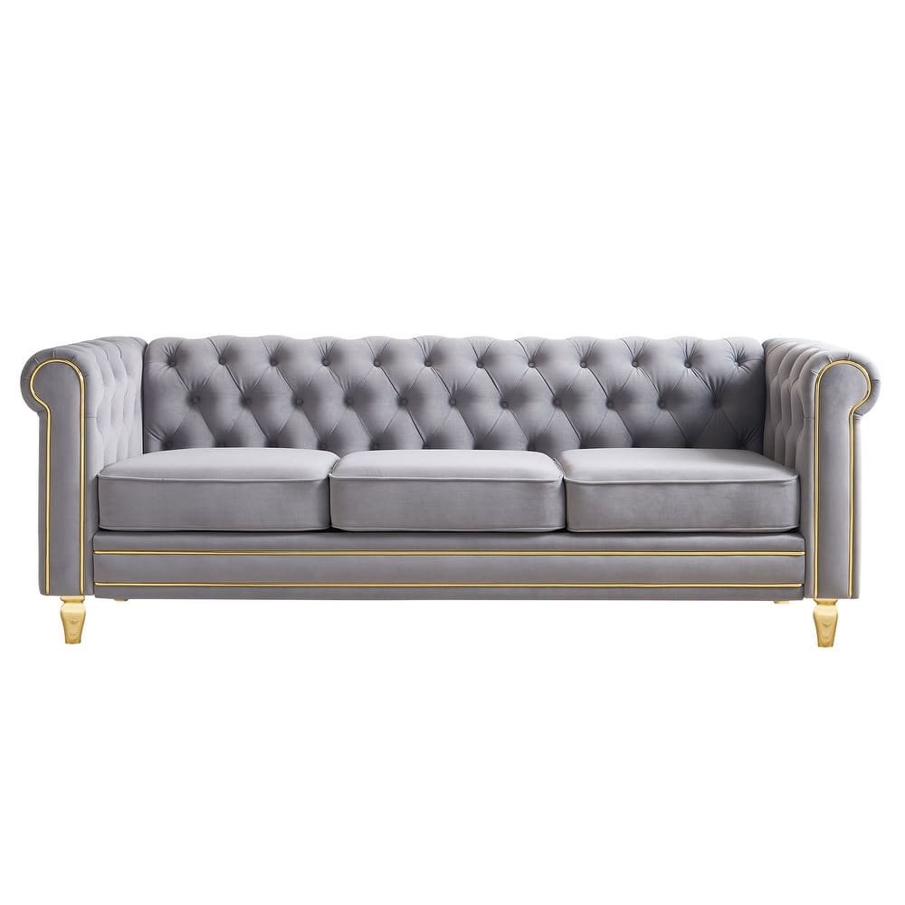 Chesterfield Velvet Sofa with Golden Decorative Strip for Living Room