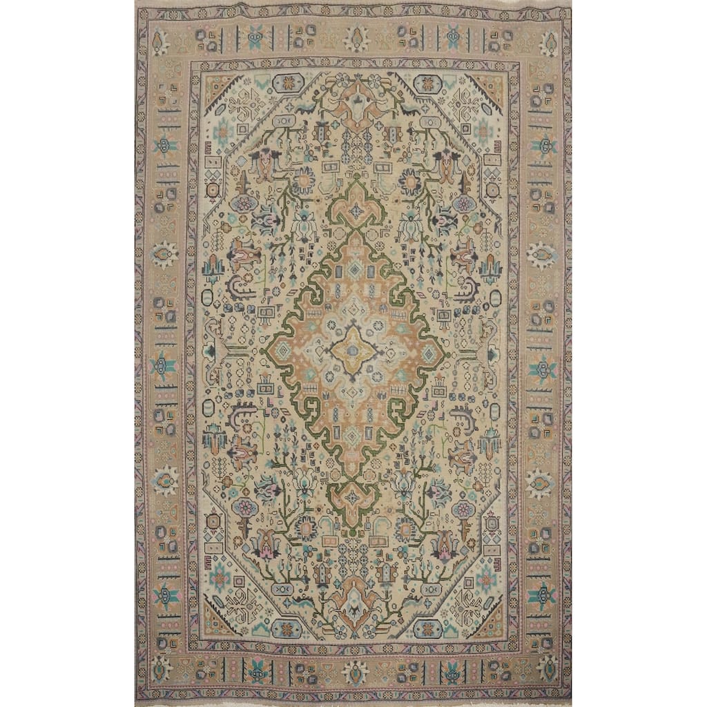 Hand Knotted Oriental 100% Wool Carpet Traditional Floral Beige & Ivories Tabriz Area Rug - 11' 2'' X 8' 1''