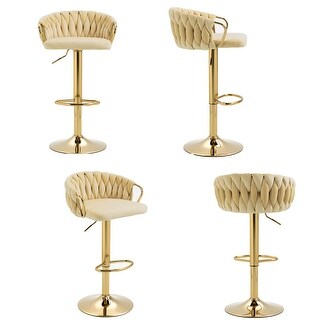 Set of 4 Bar Stool Adjustable Height Swivel Velvet Woven - On Sale