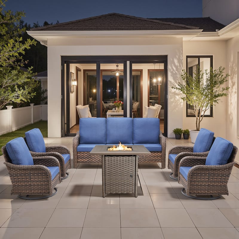 Pocassy Patio Sofa Swivel Chair with Fire Table Funiture Set - Blue Cushion - Brown Wicker - 6-Piece Sofa Swivel Chair with Fire Pit Table