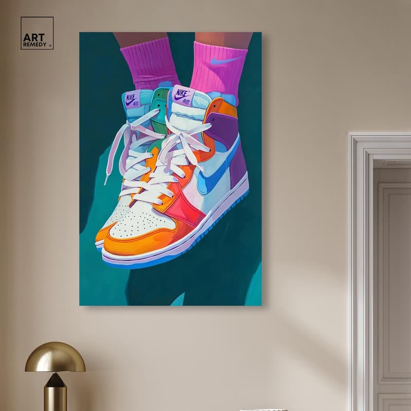 Colorful Sneaker Jump Canvas by Art Remedy, Gallery Wrapped