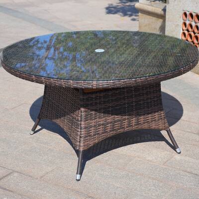 All-Weather Aluminum Woven Rattan Round Dining Table with Umbrella Hole and Tempered Glass Top