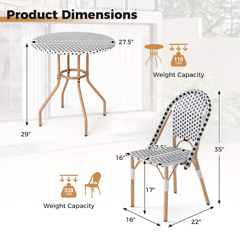 Gymax 3 Piece French Bistro Table Chair Set Outdoor Wicker Round Table