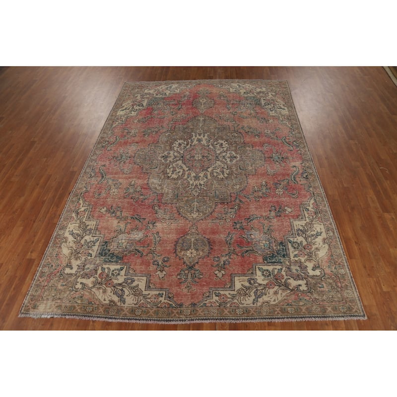 Pink Tabriz Persian Vintage Rug Hand-Knotted Wool Carpet - 7'8" x 10'8"