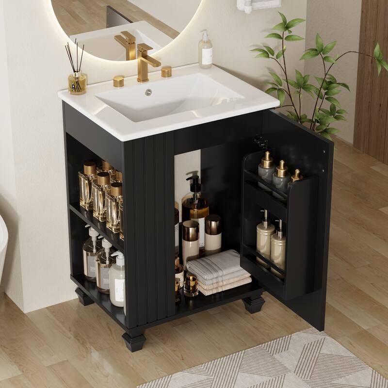 24" Compact Bathroom Vanity with Sink - Single Door Cabinet with Adjustable Shelf & Side Open Storage - Solid Wood Frame - Black