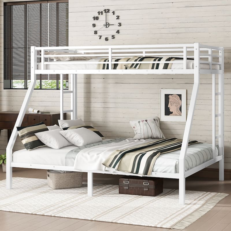 White Metal Bunk Bed: Twin XL over Queen for Teens & Adults – Space-Saving, Noise-Reduced, No Box Spring Needed, Sturdy Design - Off White - Queen
