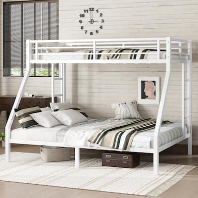 White Metal Bunk Bed: Twin XL over Queen for Teens & Adults – Space-Saving, Noise-Reduced, No Box Spring Needed, Sturdy Design