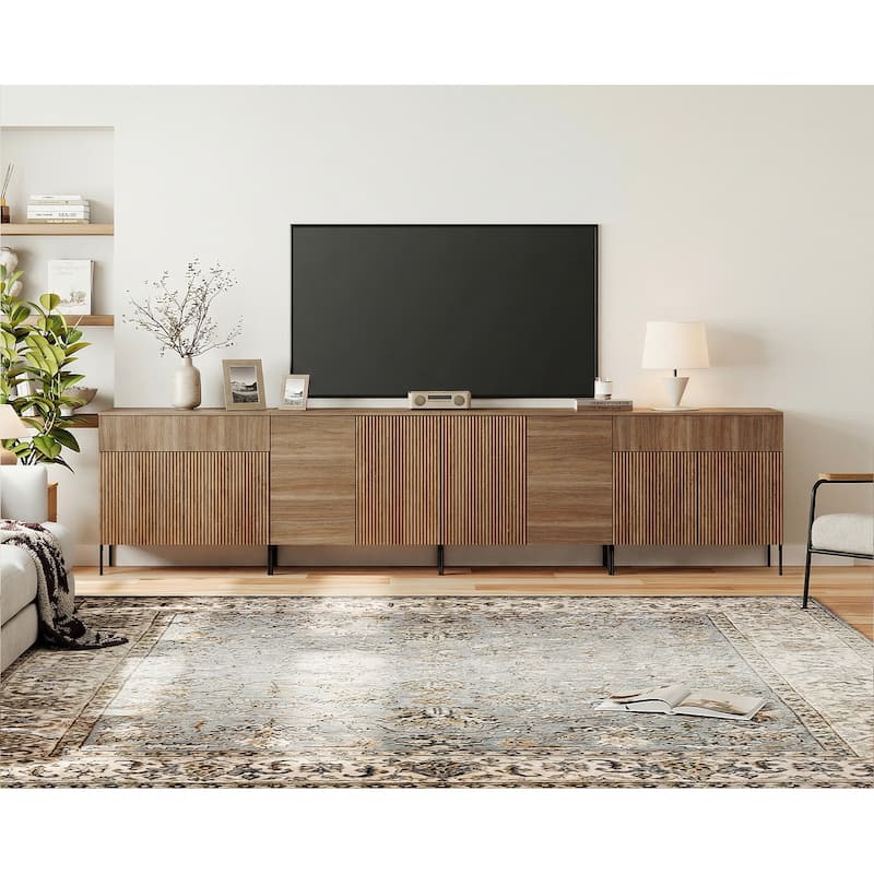 126" Long Modern Reeded Dresser TV Stand With Adjustable Sheves, Entertainment Center With Drawers - Walnut