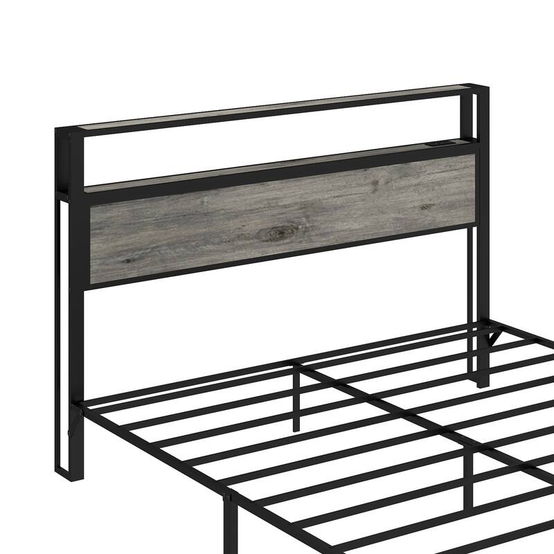 Queen Bed Frame with RGB LED Headboard, Charging Station & Noise-Free Support