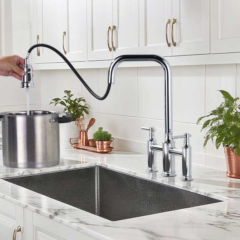 WOWOW Double Handle Bridge Kitchen Faucet with Advanced Spray