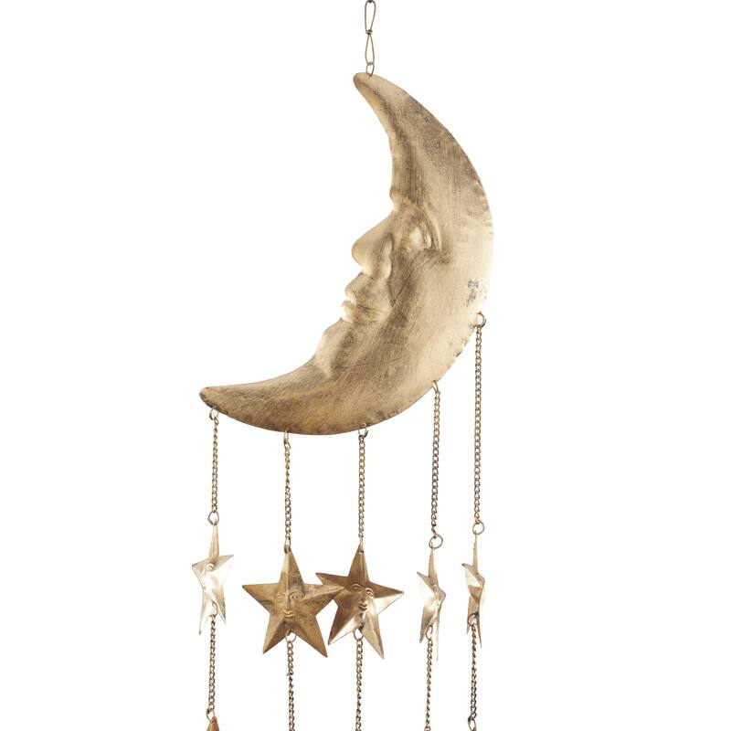 Metal Sun and Moon or Floral Sun and Flowers Windchime with Glass Beads and Cone Bells - Gold - Roche River Decor