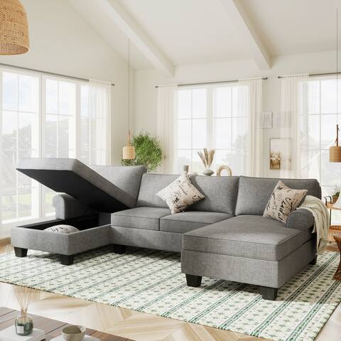3pcs Chenille Sectional U Shaped Sofa with Double Chaises, Rolled Arm Sofa with storage Chaises, 3 pillows included