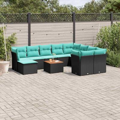 vidaXL 11 Piece Patio Sofa Set with Cushions Black Poly Rattan - 24.4 x 24.4 x 27.2