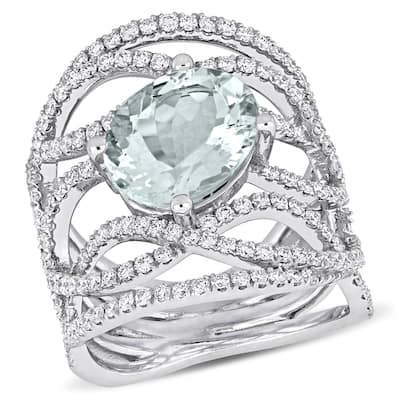 Miadora 3ct TGW Oval-Cut Aquamarine 1 3/8ct TDW Diamond InterTDWined Design Ring in 14k White Gold