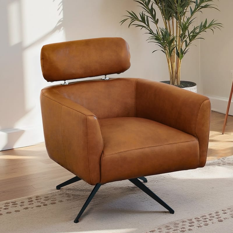 Monica Mid Century Modern Genuine Leather Lounge Chair in Tan - Tan