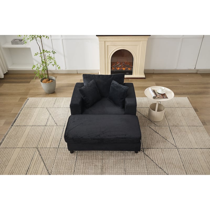 Chaise Lounge Chair with Removable Ottoman, Modern Accent Armchair Corduroy Sleeper Sofa Chair with Pillows for Living Room