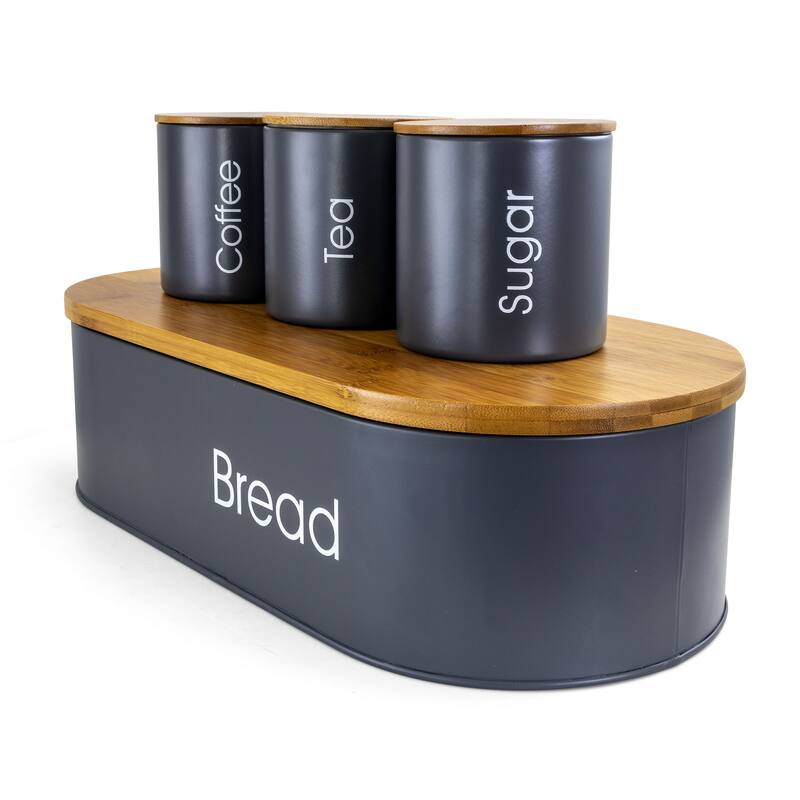 4 Piece Bamboo and Metal Bread Container and Can Storage Set in Gray with Lids