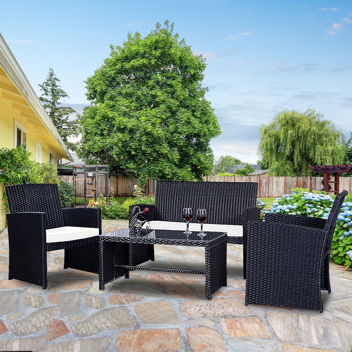 Shop Costway 4 Pc Rattan Patio Furniture Set Garden Lawn Sofa Wicker Cushioned Seat Black Overstock 15633702
