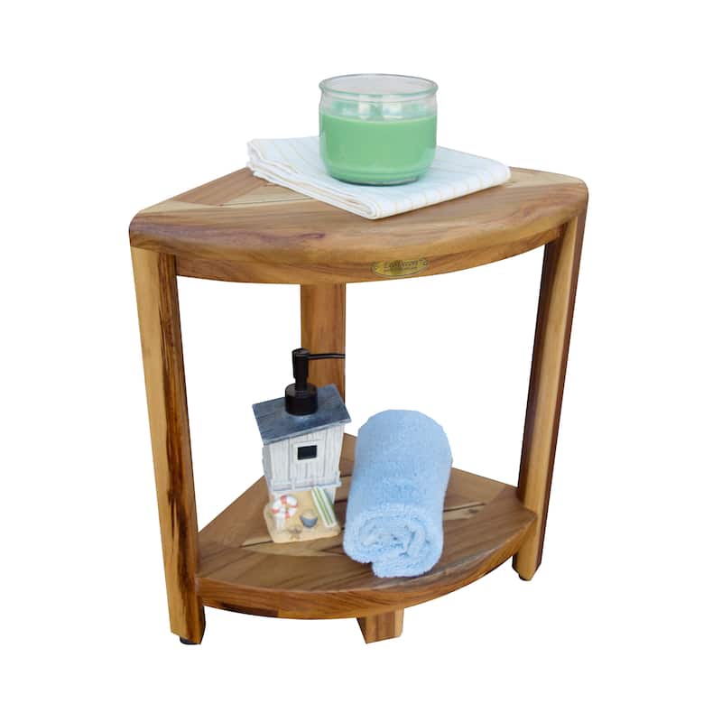 EcoDecors Snazzy Corner Natural Teak Wood 2-tier shower & Bathroom shaving shelf 18-inch Height 12-Radius