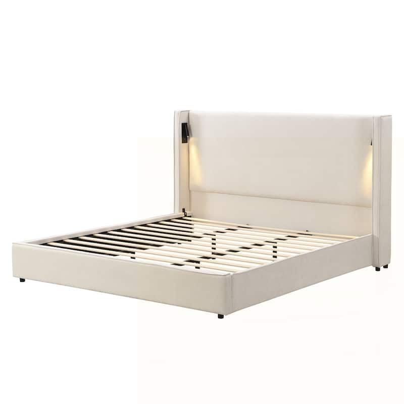 Upholstered Bed Frame with Reading Lamp and USB port