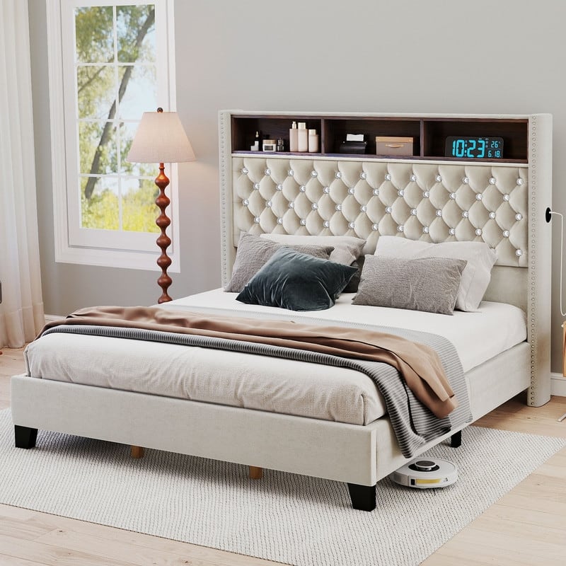 Moasis King/Queen Size Velvet Upholstered Bed Frame with Storage Headboard with USB Charging Stations